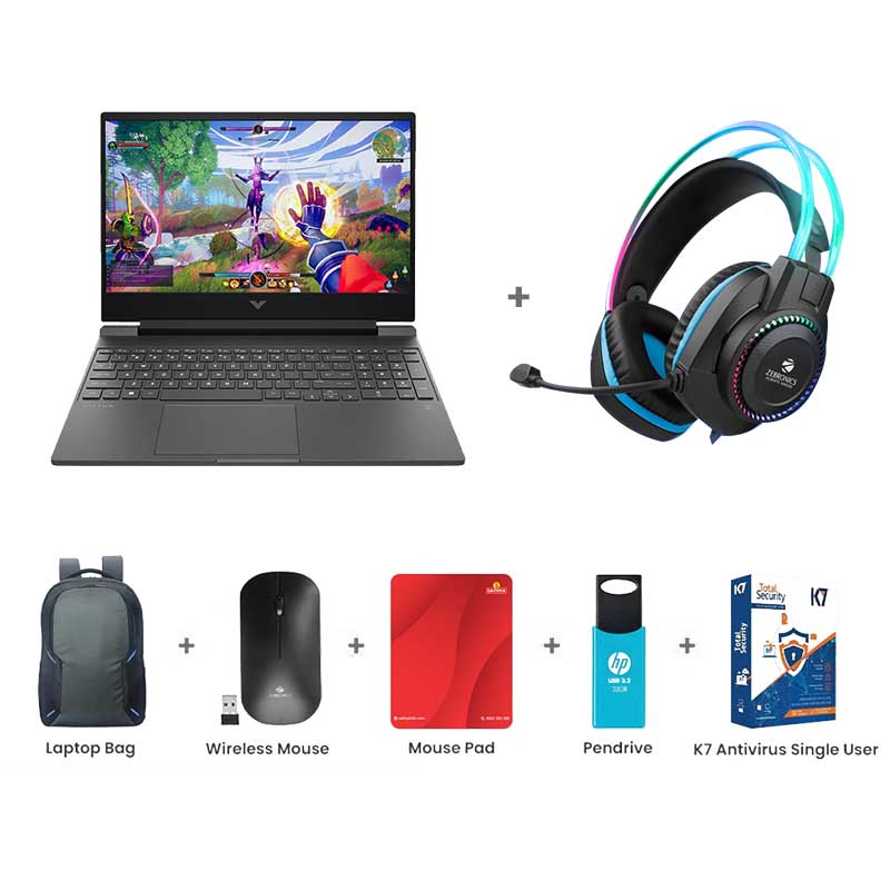 Picture of HP Victus - 13th Gen Intel Core i5-13420H 15.6" (39.6 cm) 15-fa2703TX Gaming Laptop  (16GB/ 512GB SSD/ Full HD Display/ NVIDIA GeForce RTX 2050 4GB/ Backlit Keyboard/ Anti-Glare/ Ethernet port/ Windows 11 Home/ MS Office 2024/ 1 Year Warranty/ Mica silver/ 2.29 kg) Zebronics Zeb-Jet Premium Gaming Headphone + Laptop Bag + Wireless Mouse + Mouse Pad + Pendrive + K7 Antivirus Single User